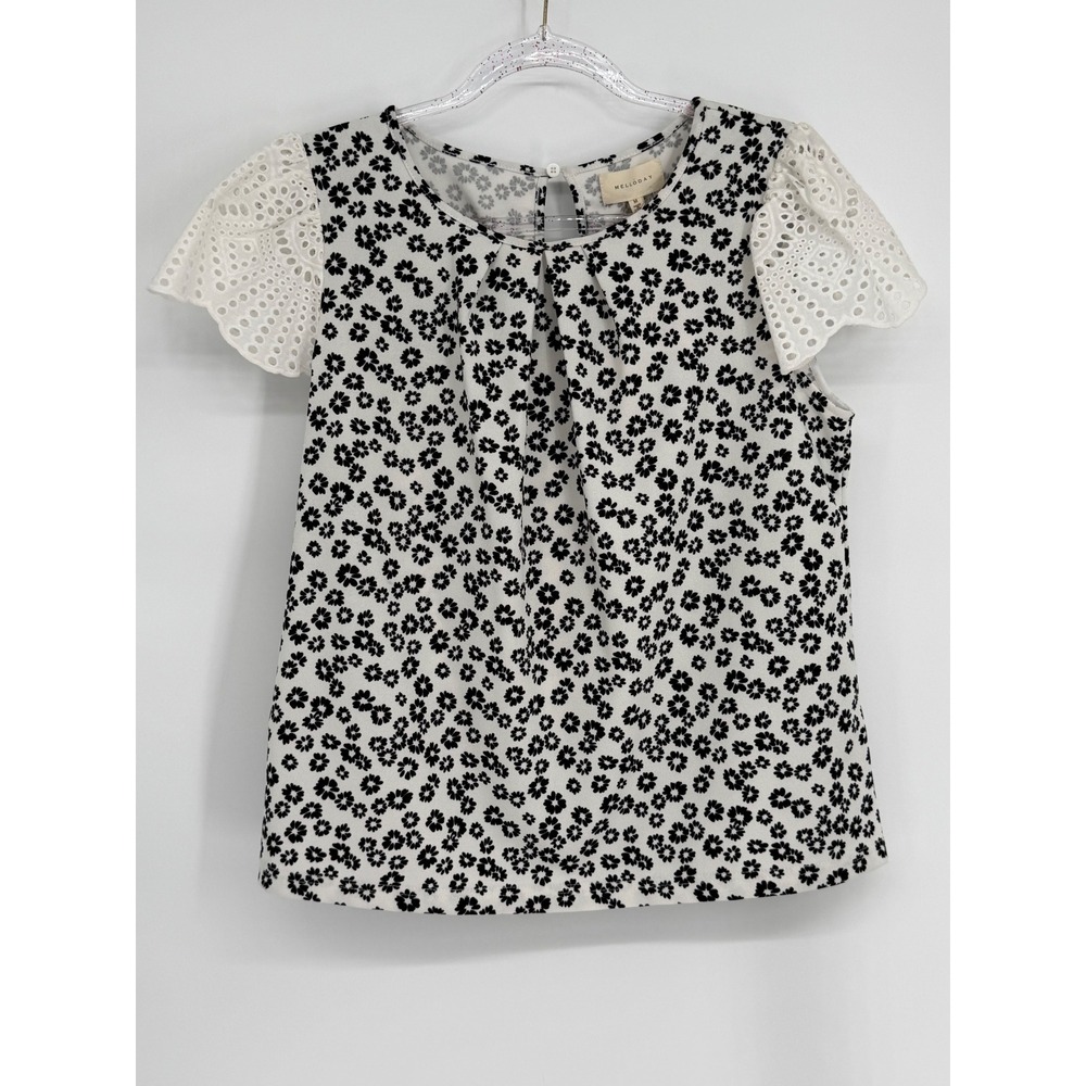 Melloday Womens Black White Floral Eyelet Flutter Sleeve Blouse Sz M